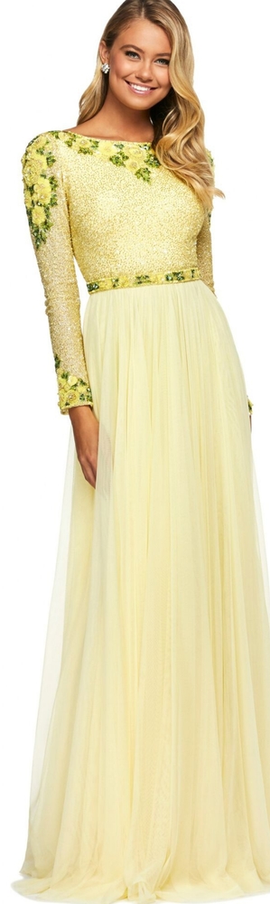 Sherri Hill Yellow Embellished Long Sleeve Prom Gown